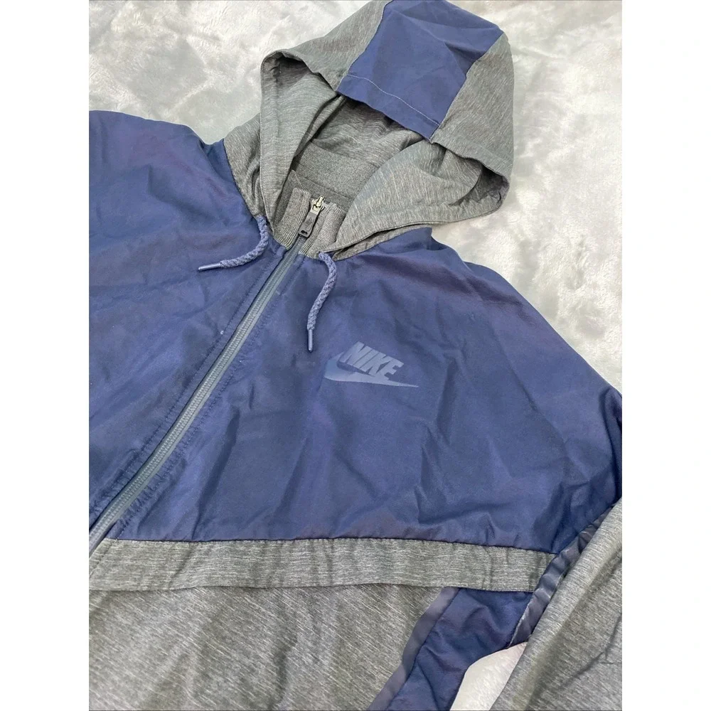 Nike Windrunner Jacket Womens Small Navy Blue‎ Grey Hooded Full Zip Windbreaker